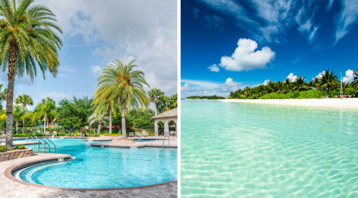 Comparison between school uniforms and casual wear highlighted by a split image of a poolside and a tropical beach scene.