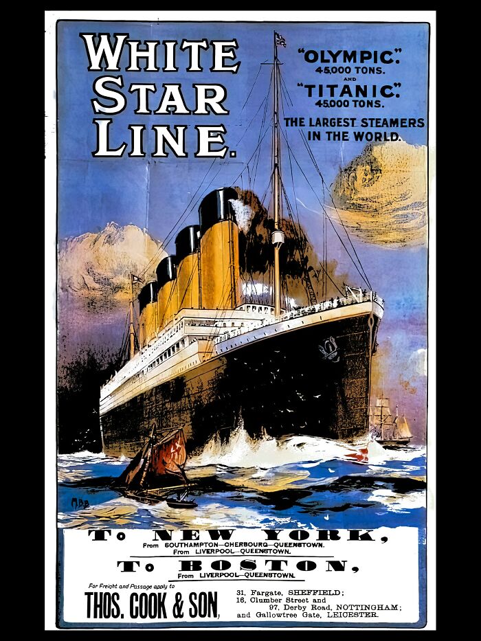 Vintage White Star Line ad showcasing the Olympic and Titanic steamers marketing travel to New York and Boston.