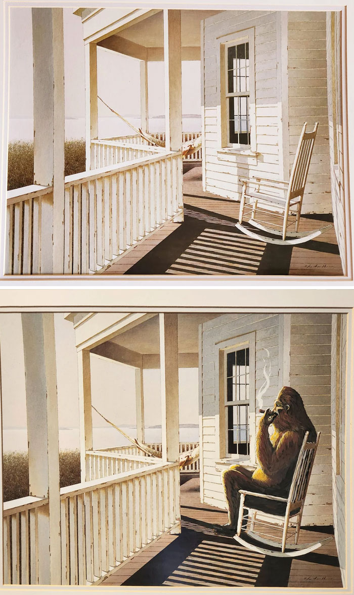 Two thrifted paintings showing a porch scene, one altered to add a smoking Bigfoot sitting in a rocking chair.