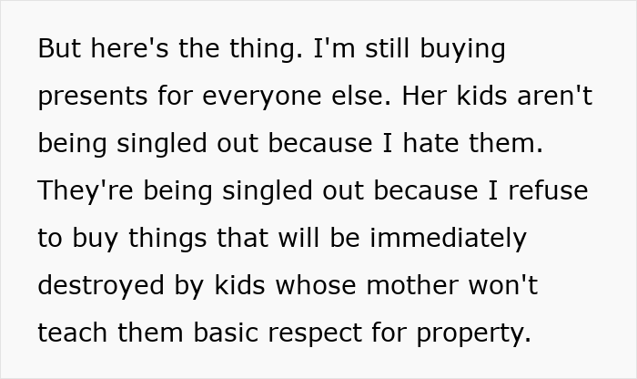 Aunt announces no Christmas gifts for unruly niblings due to lack of respect, sparking family backlash and angry sister response. Aunt announces no Christmas gifts for unruly niblings due to lack of respect, sparking family backlash and angry sister response.