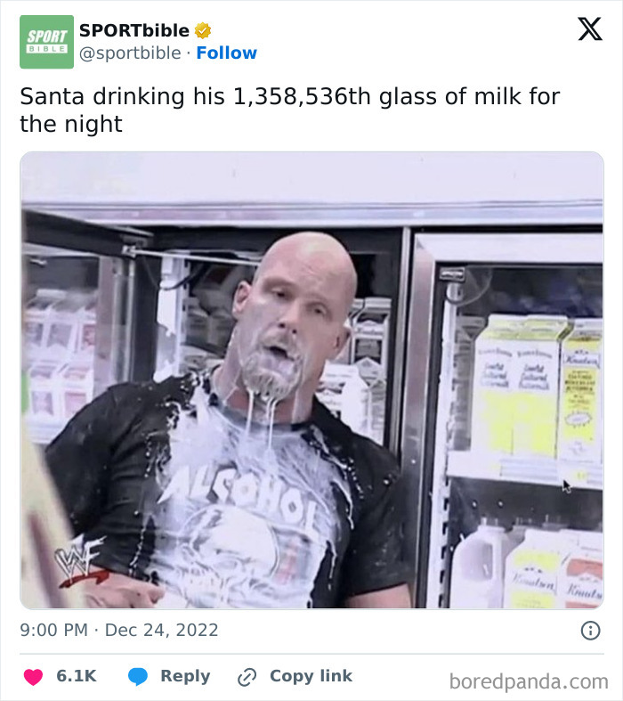 Man spilling milk on himself in a store fridge aisle, humorously representing Santa in funny Christmas memes.