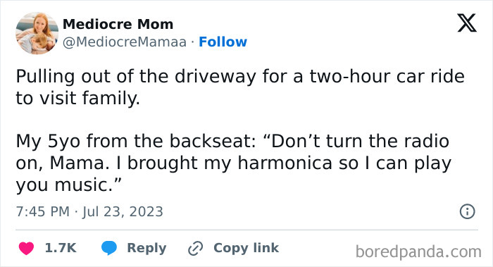 Tweet from parent sharing a funny parenting moment with their 5-year-old during a car ride, showcasing relatable memes for parents.