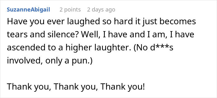 Screenshot of a humorous comment describing laughter and tears related to sister’s barefoot spiritual advisor causing chaos at Thanksgiving.