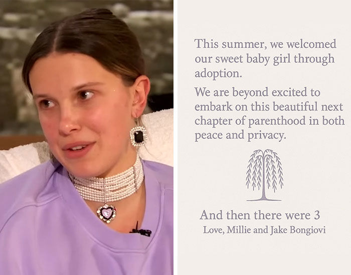 Millie Bobby Brown in a casual setting next to an adoption announcement, related to major celebrity scandals in 2025.