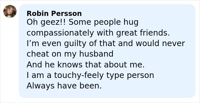 Comment from Robin Persson about hugs and marriage, mentioning guilt and loyalty in a light blue text box. Comment from Robin Persson about hugs and marriage, mentioning guilt and loyalty in a light blue text box.