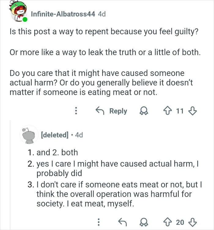 Reddit conversation showing ex-employee discussing harm caused and opinions on veganism and meat consumption online.