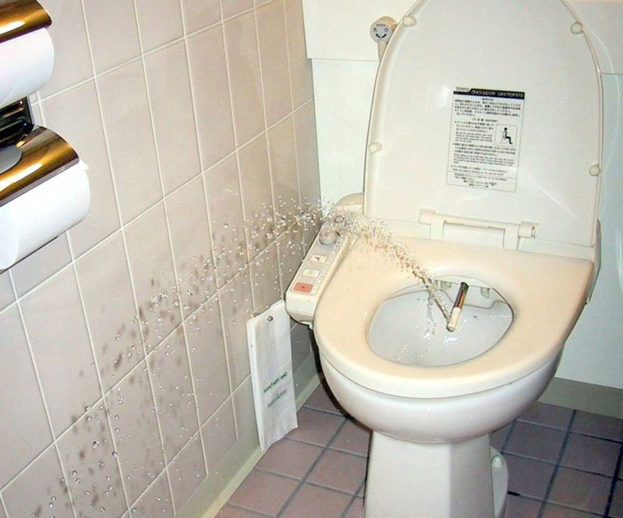 High-tech toilet with water jet spray in a bathroom, a quirky white elephant giftidea causing laughter and surprise.