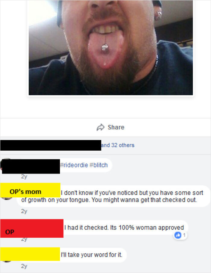 Man showing tongue piercing in a text post that made people pause and reread the comment thread below.