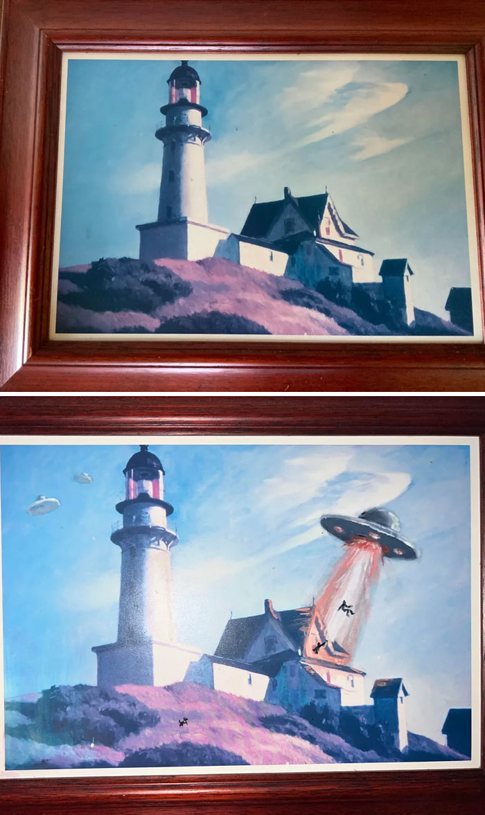 Thrifted painting of a lighthouse personalized with a funny UFO abduction scene added in the second image.