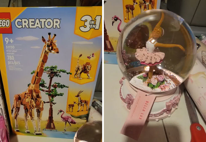 LEGO Creator giraffe set and ballet dancer snow globe featured in a Christmas gift haul for daughter haul backlash.
