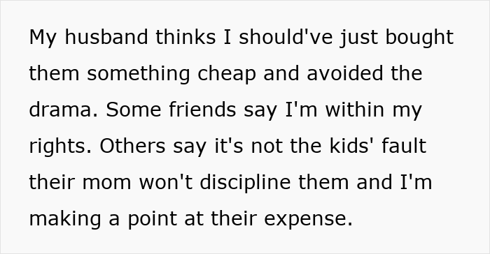 Text discussing an aunt refusing Christmas gifts for unruly niblings and facing backlash from her angry sister. Text discussing an aunt refusing Christmas gifts for unruly niblings and facing backlash from her angry sister.