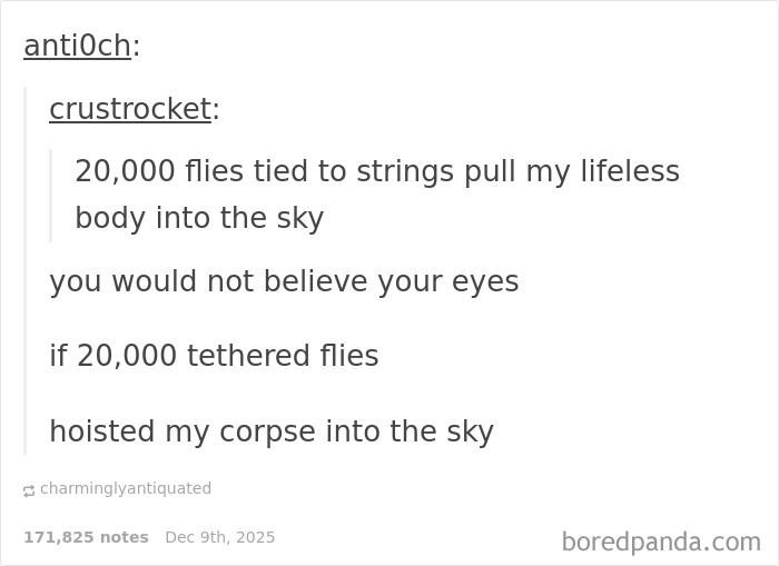Screenshot of a weird math problem about 20,000 flies tethered to strings lifting a body into the sky, solved creatively.