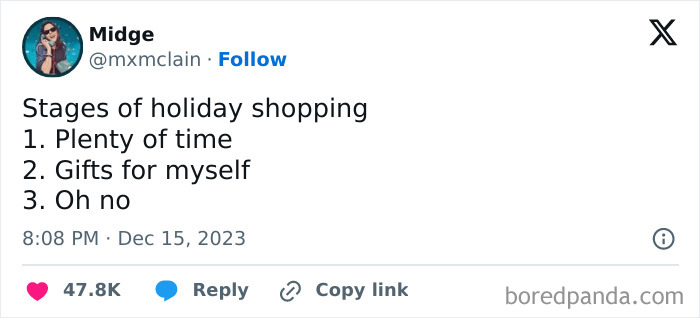 Tweet showing stages of holiday shopping humor, highlighting procrastination with a funny Christmas meme theme.