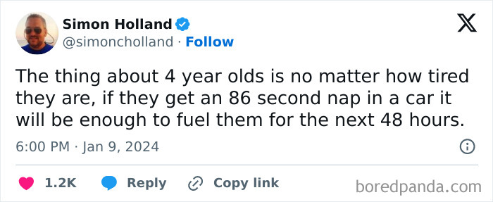 Tweet from Simon Holland humorously describing how short naps fuel 4 year olds, a relatable meme for parents about kids’ energy.