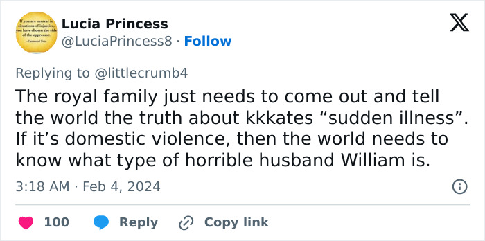 Tweet discussing Kate Middleton&rsquo;s facial scar and rumors about the seriousness of her 2024 hospitalization.