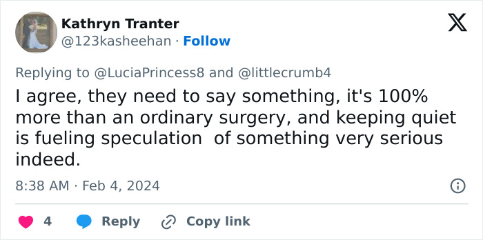 Tweet by Kathryn Tranter discussing speculation that Kate Middleton&rsquo;s facial scar hints at a more serious 2024 hospitalization.