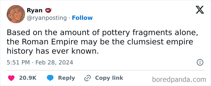 Tweet by Ryan humorously suggesting the Roman Empire was the clumsiest empire based on pottery fragments.
