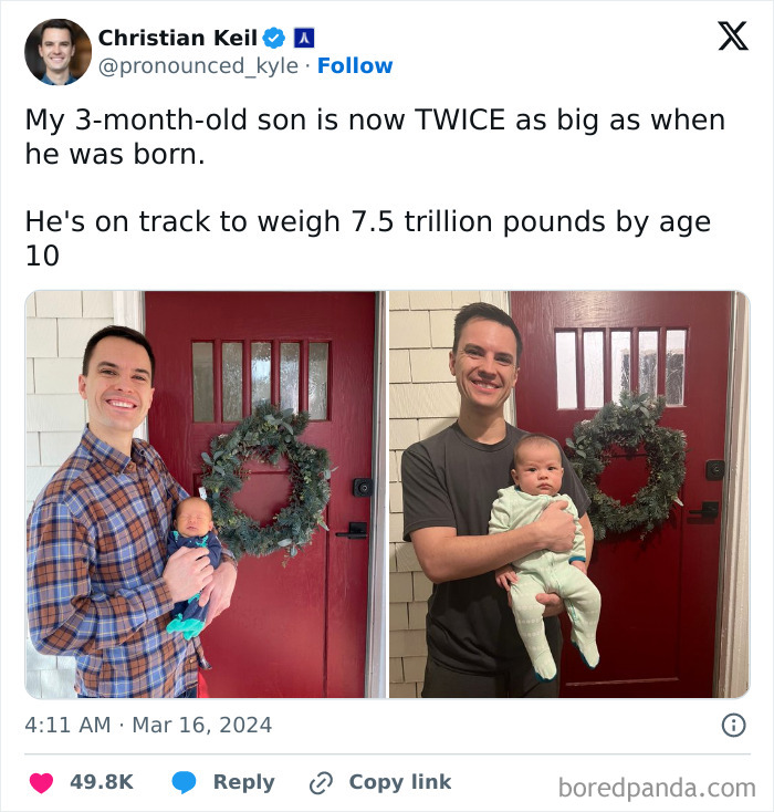 Man holding baby in front of a red door with wreath, illustrating a weird math problem about weight growth over time