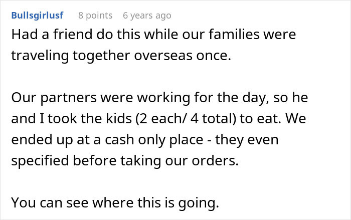 Comment text about brother makes bil pay dinner story shared on an online forum with user details and points. Comment text about brother makes bil pay dinner story shared on an online forum with user details and points.