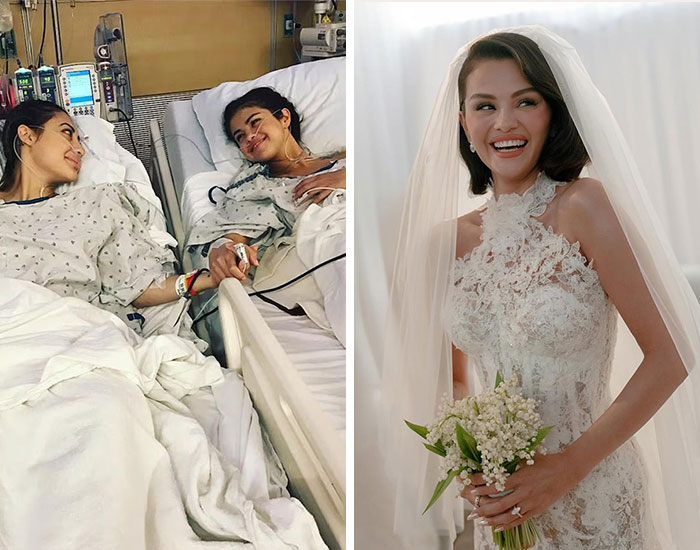 Two women in hospital beds holding hands and a smiling bride in a white lace dress holding a bouquet of flowers in 2025 celebrity scandals.