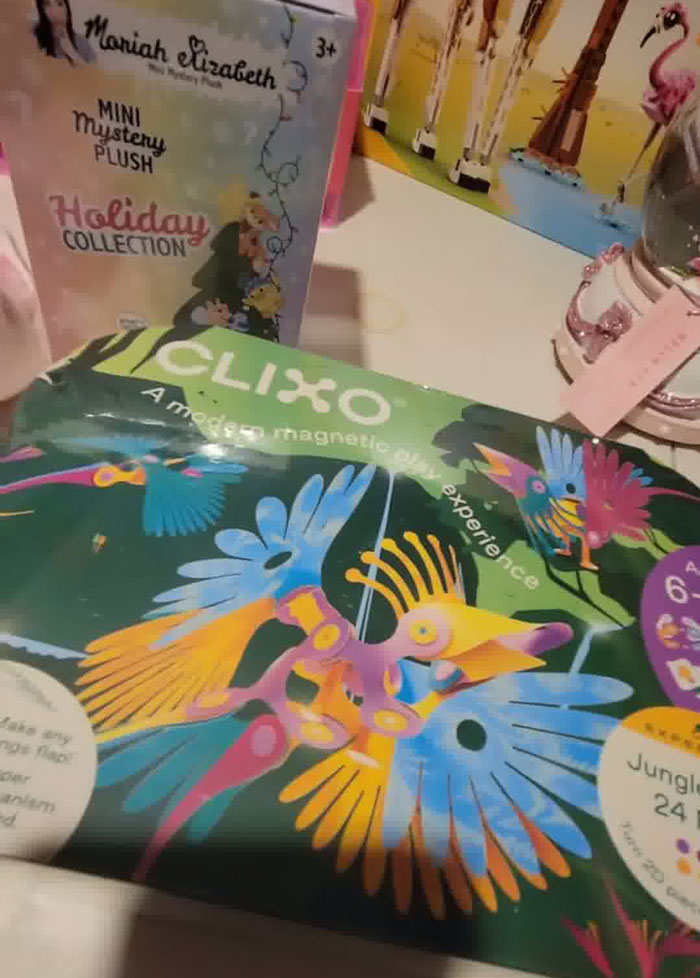 Clixo magnetic puzzle and Mariah Elizabeth mini mystery plush from a Christmas gift haul for daughter.