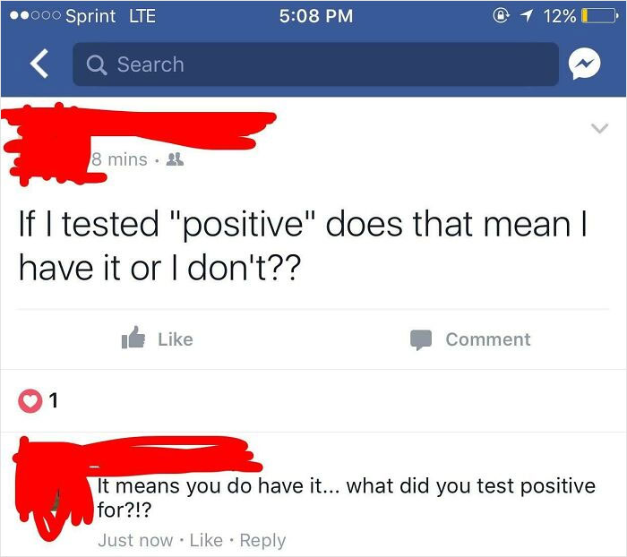 Screenshot of a confusing social media post where someone questions the meaning of testing positive.
