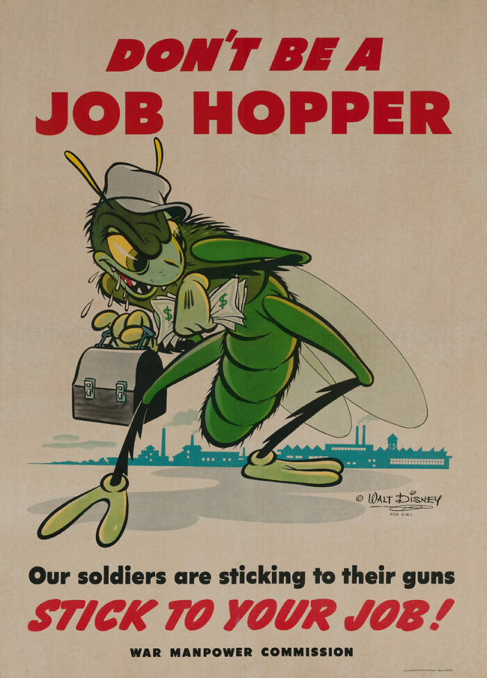 Vintage ad showing a cartoon grasshopper with a toolbox urging to avoid being a job hopper in past marketing.