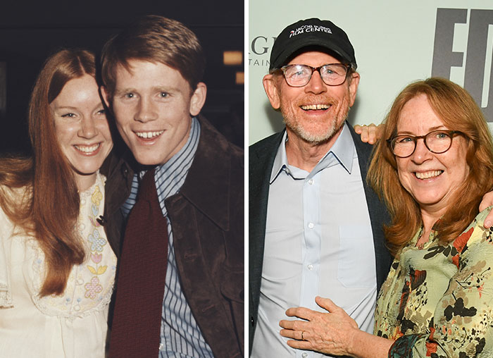 Side-by-side images of a celebrity couple from their younger and older years, showcasing lasting celebrity couples and true love.
