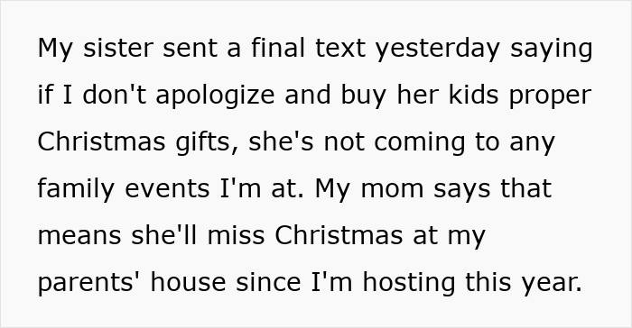 Text message about Aunt declaring no Christmas gifts for unruly niblings, causing backlash from her extremely angry sister. Text message about Aunt declaring no Christmas gifts for unruly niblings, causing backlash from her extremely angry sister.