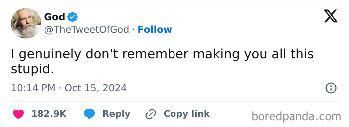Tweet from a humorous account with a funny meme text about not remembering making others stupid, related to disassociate memes.
