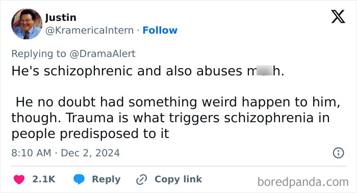 Screenshot of a social media post discussing trauma and schizophrenia related to the dad of Nickelodeon star Tylor Chase. Screenshot of a social media post discussing trauma and schizophrenia related to the dad of Nickelodeon star Tylor Chase.