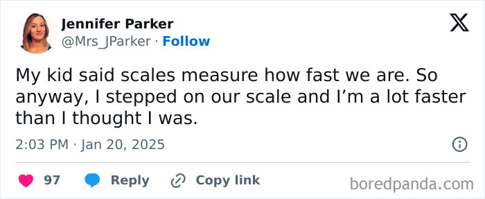 Screenshot of a parenting tweet from 2025 showing a humorous take on kids and scales in the best parenting tweets.