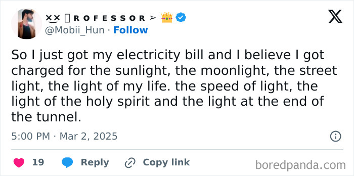 Humorous meme about an electricity bill jokingly charging for various types of light to relieve stress.