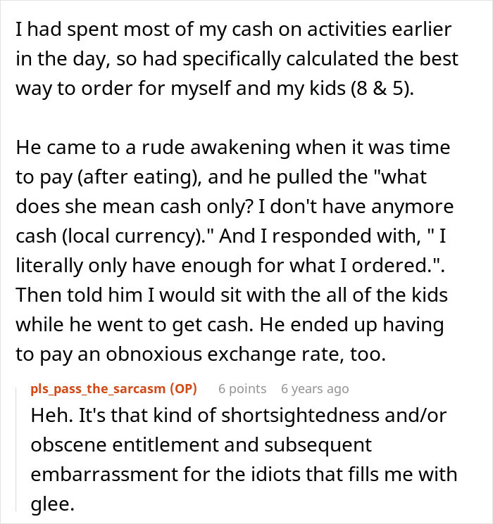 Text from a user sharing how their brother makes bil pay dinner by only having enough cash for their own order. Text from a user sharing how their brother makes bil pay dinner by only having enough cash for their own order.