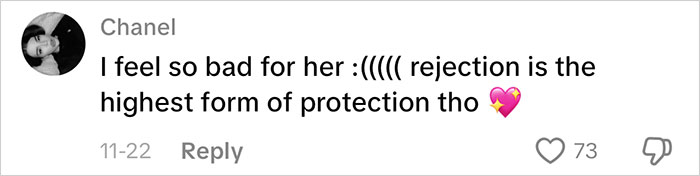 User comment expressing sympathy and reflection on rejection as a protective response, with emojis and engagement shown.