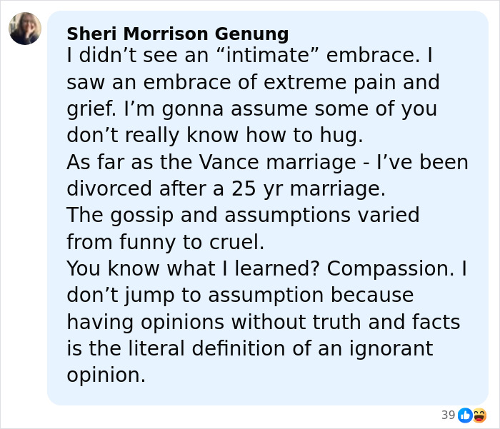 Alt text: Screenshot of a comment discussing JD Vance marriage speculation and reactions to a viral hug involving Erika Kirk. Alt text: Screenshot of a comment discussing JD Vance marriage speculation and reactions to a viral hug involving Erika Kirk.