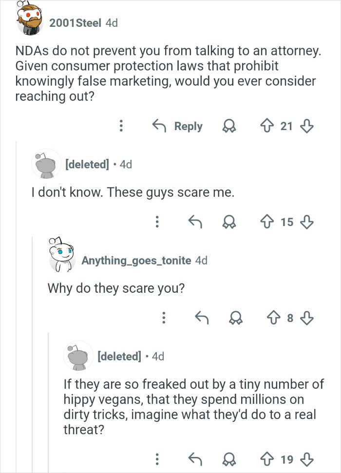 Online conversation discussing fear and tactics used against veganism in the context of discrediting veganism claims.