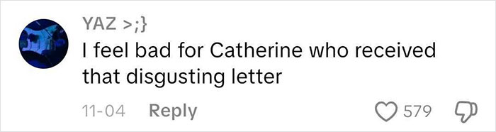 Comment on social media expressing sympathy for Catherine who received a disturbing letter from the worst Victorian boyfriend. Comment on social media expressing sympathy for Catherine who received a disturbing letter from the worst Victorian boyfriend.