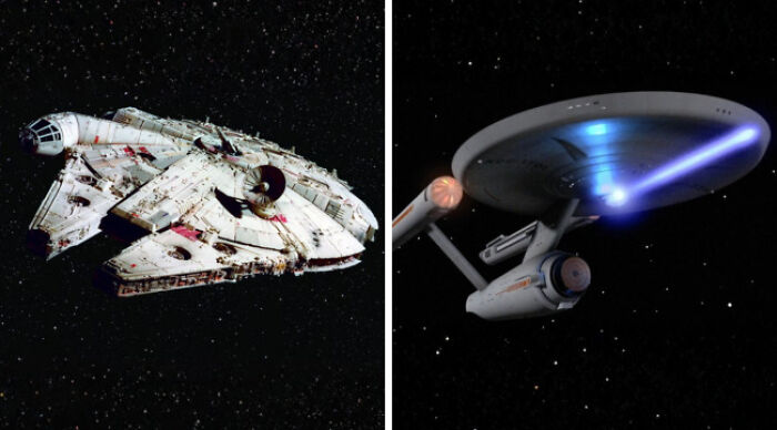 Split image showing two iconic spaceships side by side, illustrating a school uniforms vs casual wear themed comparison.