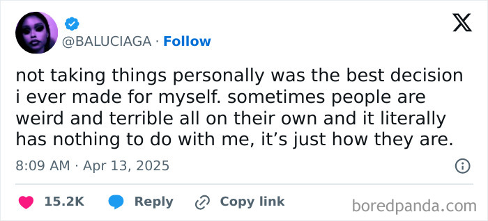 Tweet on taking a leap of faith by not taking things personally, highlighting a key life decision for personal growth.