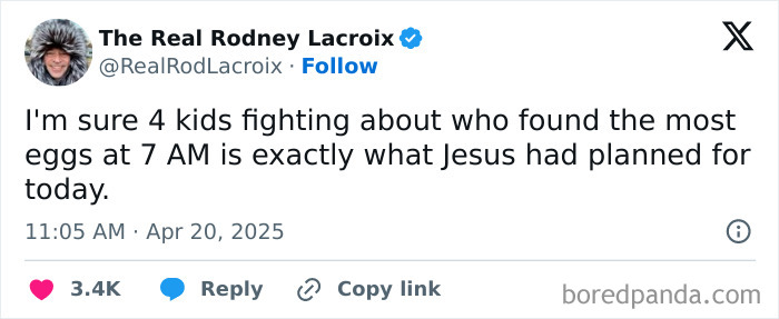 Tweet by The Real Rodney Lacroix humorously capturing a chaotic moment in parenting from top parenting tweets of 2025.