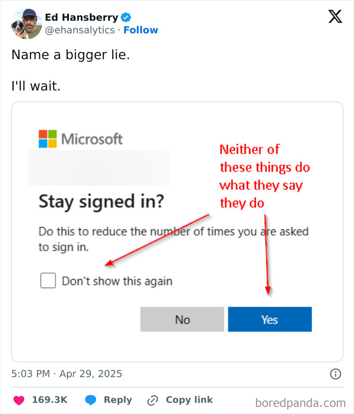 Tweet showing a humorous Microsoft sign-in prompt with red annotations highlighting broken interface promises.