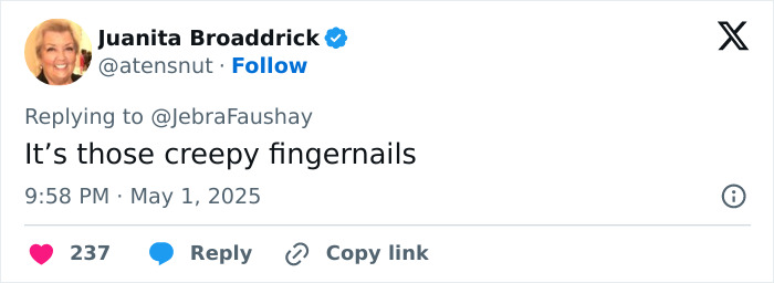 Tweet from verified user Juanita Broaddrick commenting on oddly large hands and fingernails sparking debate about Cynthia Erivo. Tweet from verified user Juanita Broaddrick commenting on oddly large hands and fingernails sparking debate about Cynthia Erivo.