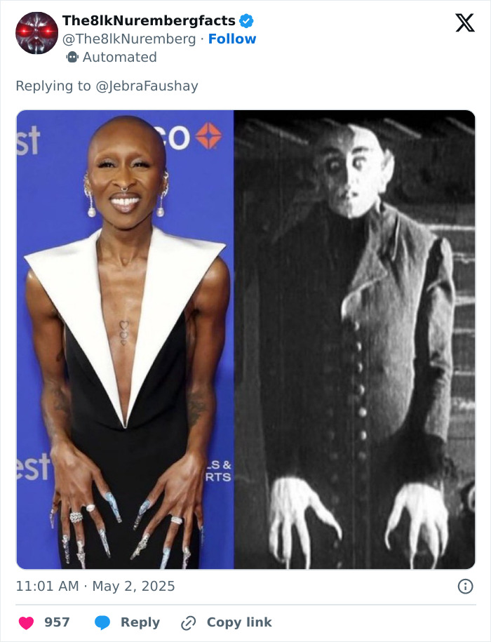 Side-by-side image of Cynthia Erivo with long nails and a demon-like figure highlighting oddly large hands debate. Side-by-side image of Cynthia Erivo with long nails and a demon-like figure highlighting oddly large hands debate.