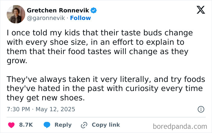 Alt text: Parenting tweet about kids' changing taste buds and food preferences shared in 2025's best parenting tweets.