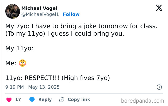 Screenshot of a parenting tweet from 2025 showing humorous interaction between siblings about bringing a joke to class.