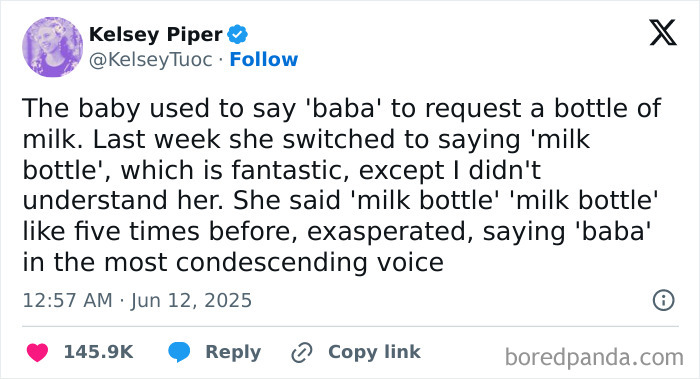 Tweet about a baby’s language milestones shared by a parent in popular 2025 parenting tweets of the year.