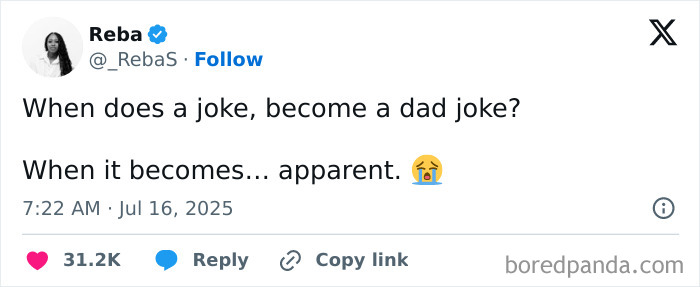 Tweet showing a funny dad joke about when a joke becomes a dad joke, featuring a crying emoji.