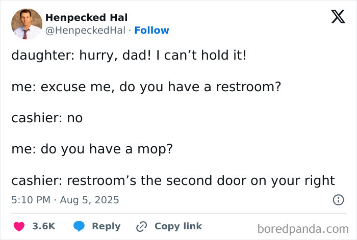 Parenting tweet showing a humorous conversation about finding a restroom during a parenting moment in 2025.