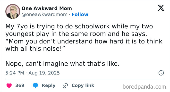 Parenting tweet about managing schoolwork and noise challenges from younger children in 2025 for parents.